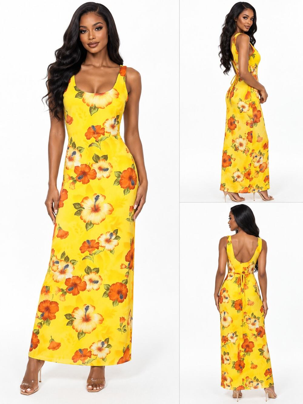 Vintage Capugnino Sun Dress Womens 12 Yellow Hibiscus Tropical Hawaiian Maxi